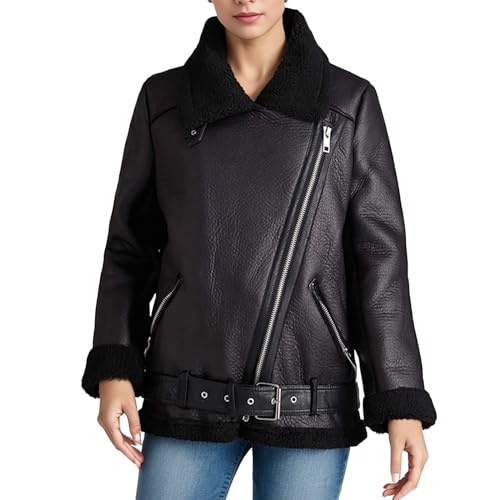 Damen Kunstlederjacke Winterjacke Reverskragen Lange Ärmel Übergangsjacke Reißverschluss Bikerjacke Damen Lässig Motorrad Jacke Frauen Fleecejacke von SKFLABOOF