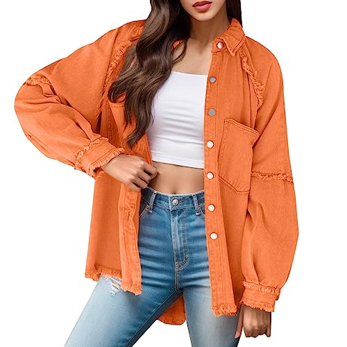 Damen Kurz Oversize Jeanshemd Jeansjacke Jacke Langarm College Jeansjacke Rundhals Tasche Festival Blouson Übergangsjacke Jeansbluse Damen-Jeansjacken von SKFLABOOF