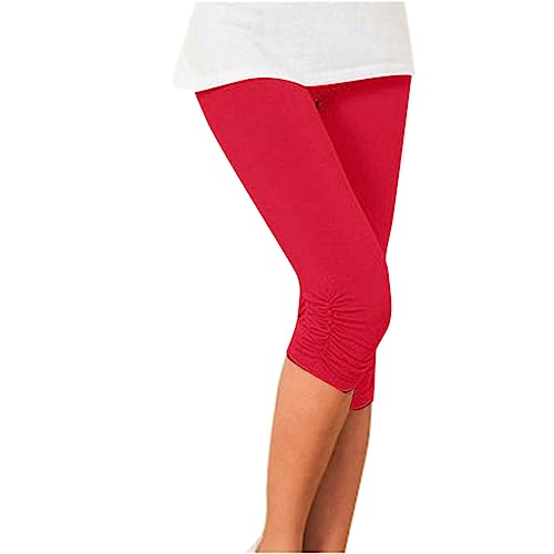 Damen Leggings 3/4 | Kurze Laufhose Sommer Outfit Frauen Knielange Yoga Fitness Joggen Sports Gymnastikhose Lang Waist Capri Kompressionsleggings Sport Hose Stretch (Rot, M) von SKFLABOOF