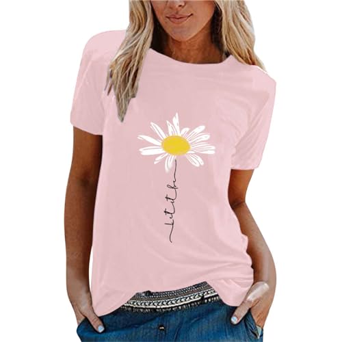 Damen Let It Be T Shirt | Gänseblümchen Grafik Druck T-Shirt Kurzarm Rundhalsausschnitt Graphic Tee Shirts Oberteile Sommer Tops Tshirt Damen Sommer Baumwolle Blumen Shirt (D03 Hell-Pink, L) von SKFLABOOF