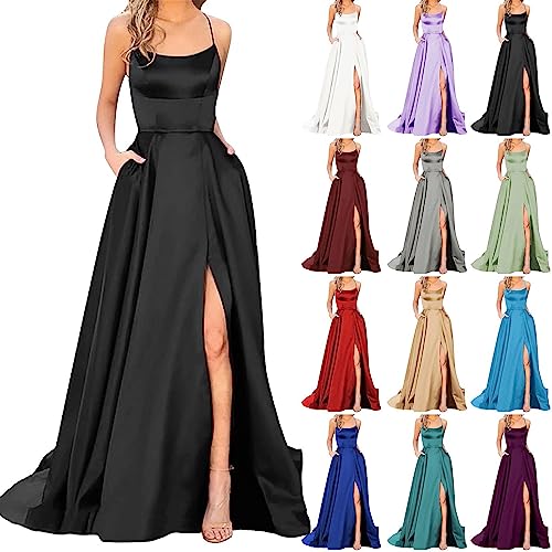 Damen Spaghettiträger Kleid | Einfarbiges Schlitzkleid Lange Ballkleider Sexy Satin A-Linie Backless Hochzeitskleid Abendkleider Spaghetti Brautkleid Kleider Lang Prinzessin (01 Schwarz, S) von SKFLABOOF