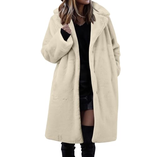 Damen Teddy Fleece Mantel Revers Lang Plüschjacke Plüschmantel Teddy Fleece Jacke Warme Winter Oversized Trenchcoat Übergangsjacke Coat Weiß XL von SKFLABOOF