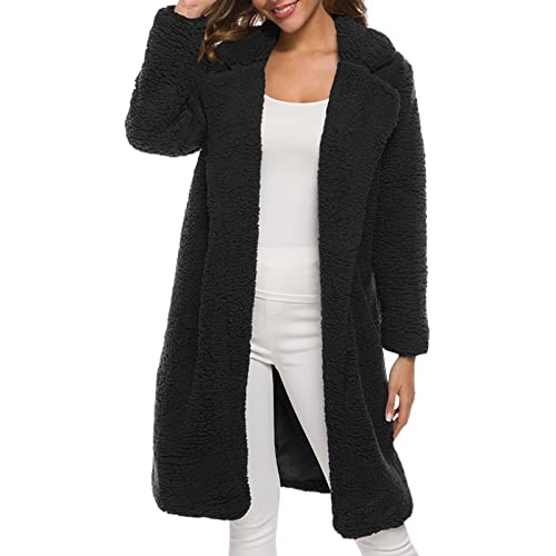 Damen Teddy Fleece Mantel Winter Flauschige Coat Übergangsjacke Lang Cardigan Outwear Coat Lang Parka Warme Trenchcoat Plüschjacke Plüschmantel Schwarz L von SKFLABOOF