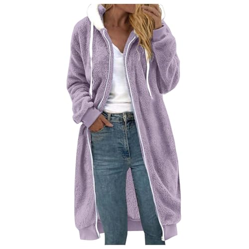 Damen Teddy Fleecejacke mit Kapuze 2024 Mode Kordelzug Herbst Winter Warme Mantel Kapuzenjacke Einfarbig Langarm Plüschjacke Flauschjacke Übergangsjacke mit Reißverschluss von SKFLABOOF