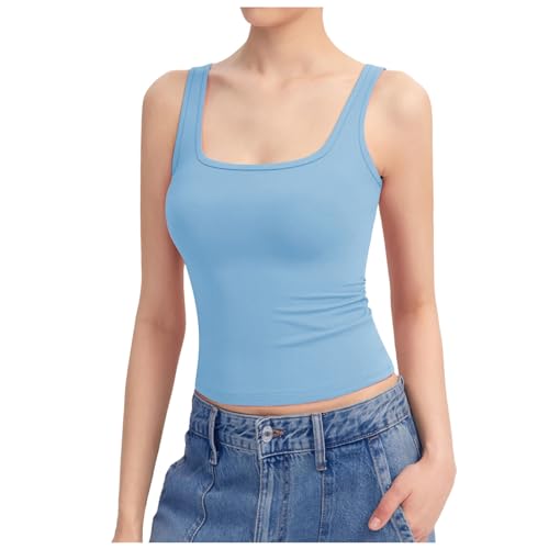 Damen Unterhemden | Einfarbiges Breiter Riemen Cami Tanks Unterhemd ärmellose Weste Tops Sommer Basic Tshirts Slim-Fit Oberteil (005e Hellblau, L) von SKFLABOOF