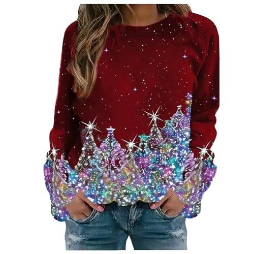 Damen Weihnachtspullover Winter Damen Hässlich Ohne Kapuze Lustig Weinglas Gedruckt Muster Langarmshirt Pullover Weihnachtsmotiv Rundhals Casual Lose Weihnachtspullover von SKFLABOOF