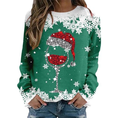 Damen Weihnachtspullover Winter Damen Hässlich Ohne Kapuze Lustig Weinglas Gedruckt Muster Langarmshirt Pullover Weihnachtsmotiv Rundhals Casual Lose Weihnachtspullover von SKFLABOOF