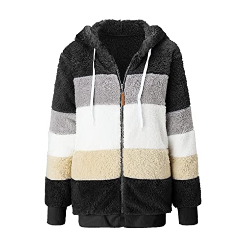 Damen Winterjacke Sale, Teddy Fleecejacke Damen Plüschjacke Thermo Jacke Hoodie Flauschiger Cardigan Fluffy Plüsch Strickjacke Mit Kapuze Schwarz, 4XL von SKFLABOOF