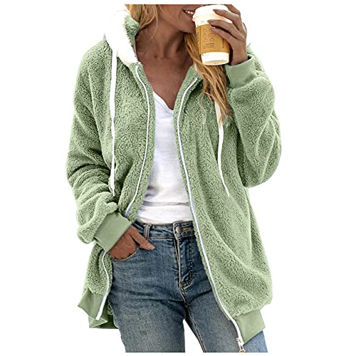 Damen Winterjacke Sale, Teddy Fleecejacke Damen Teddyfell Jacke Teddyfleece Teddy-Jacke Mit Kapuze Warme Cardigan Lang Flauschig Plüschjacke Grün, S von SKFLABOOF