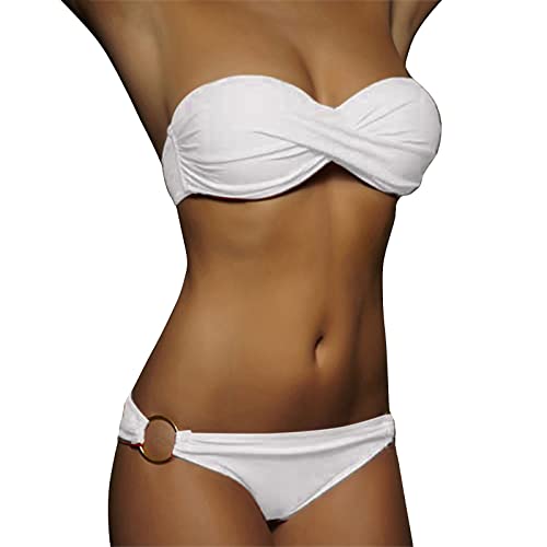 Damen Zweiteiliger Badeanzug | Twist Front V Ausschnitt überkreuztes Bikini Bademode Bauchkontrolle Bauchweg Bikini Sets Push Up High Waist Bikini-Sets (004h White, S) von SKFLABOOF