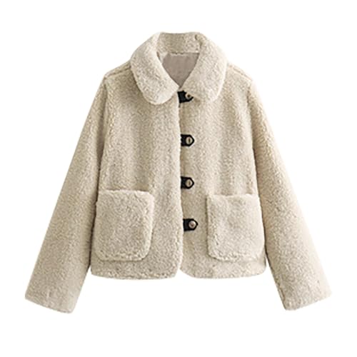 Damen jacken Winter Sale günstig, Teddy Fleecejacke Damen Wollwalk Jacke Dicke Plüschjacke Strickjacke Winter Kuschelige Winterjacke Warm Beige, XS von SKFLABOOF