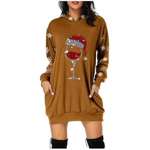 Damenmode Sale, Kleid Weihnachten Damen Winter Sweatshirt Minikleid Kleider Hoodie Weihnachtspullover Mädchen Christmas Sweater Coffee, M von SKFLABOOF