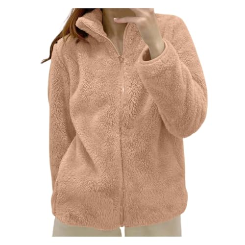 Damenmode Sale, Plüschjacke Damen Teddyjacke Einfarbig Teddy Damen Übergangsjacke Sherpa Teddyfleece Jacke Mantel Fleecejacke mit Reißverschluss Winter Damen 001m Rosa -2, XXL von SKFLABOOF