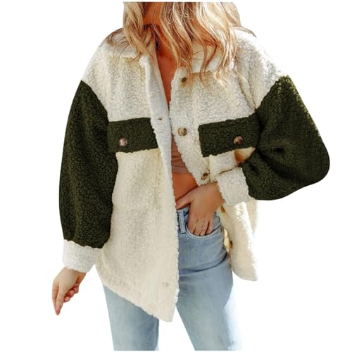 Damenmode Sale, Teddyfleece Jacke Damen Teddy Jacken Teddyjacke Ohne Kapuze Fleece Teddy-Jacke Plüschjacke Mantel Wolle Grün, S von SKFLABOOF