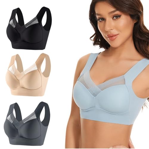 Deals of The Day, 3PC BH Damen Ohne Bügel - Hatme Haltungskorrektur Minimizer Push Up BHS Sports Bequeme Bequem Guter Halt Große Entlastungs Top Unterwäsche (Khaki, L) von SKFLABOOF