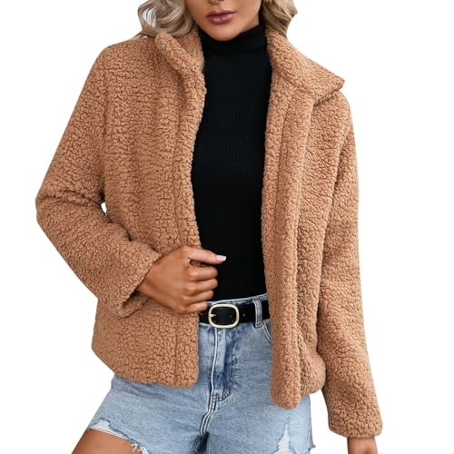 Deals of The Day, Damen Teddy Fleecejacke Damenjacken Für Den Übergang Übergangsmantel Winterjacke Flauschig Kurzmantel Winter Dicke Jacke Khaki, XL von SKFLABOOF