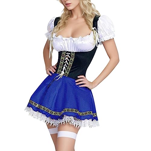 Deals of The Day, Dirndl Für Damen - Trachtenmode Dindl Midi Hochgeschlossen Schlicht Kleid Oktoberfest Dirndlbluse Bluse Blau, XL von SKFLABOOF