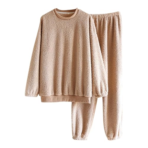 Deals of The Day, Fleece Schlafanzug Damen Zweiteiler Elegant Lustige Schlafanzüge Pyjama Set Flanell Warm Langer 2 Teiler Winter Khaki, XL von SKFLABOOF