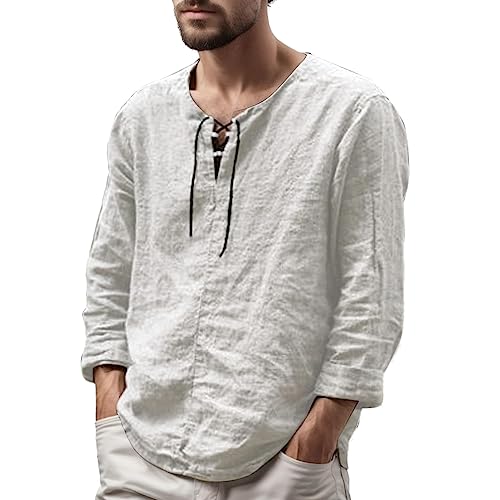 Deals of The Day, Herren Mittelalter Leinenhemd - Einfarbiges Sommer Hemden Langarm Retro-Kragen mit Schnürung Männer Freizeithemd Leinen Shirt Fisherman Sommerhemd Hemd Tunika 001n Beige, L von SKFLABOOF