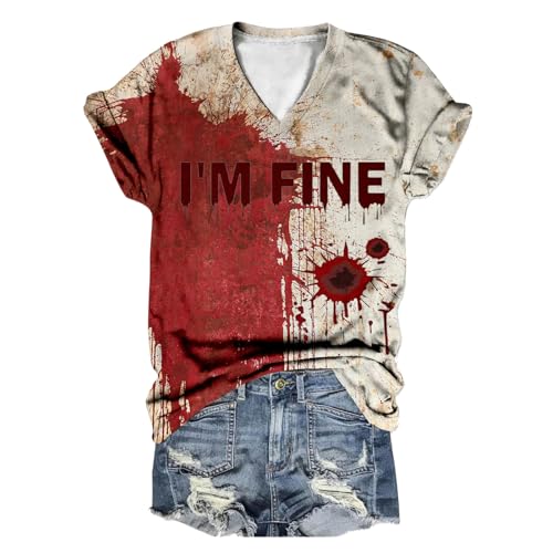 Deals of The Day, I'm Fine Tshirt Halloween T-Shirt Horror Shirt mit Blut Kurzarm Blutspritzer-Shirt Rundhals/V Ausschnitt Blutiges Kostüm Damen Blusen 001a Ziegelrot S von SKFLABOOF