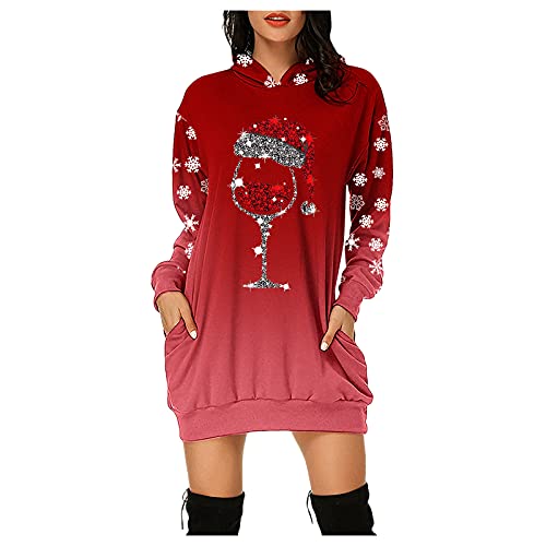 Deals of The Day, Kleid Weihnachten Damen Weihnachts Pulli Wickelpullover Weihnachtspullover Personalisiert Kleider Winter Hoodiekleid Wein, L von SKFLABOOF