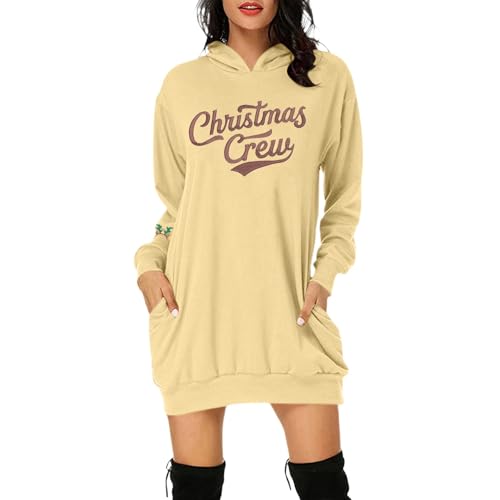 Deals of The Day, Kleider Weihnachten Damen Kleid Kapuzenpullover Lang Weihnachtskleid Christmas Dress Hoodie Weihnachts Mit Weihnachtsmotiv Gelb, M von SKFLABOOF