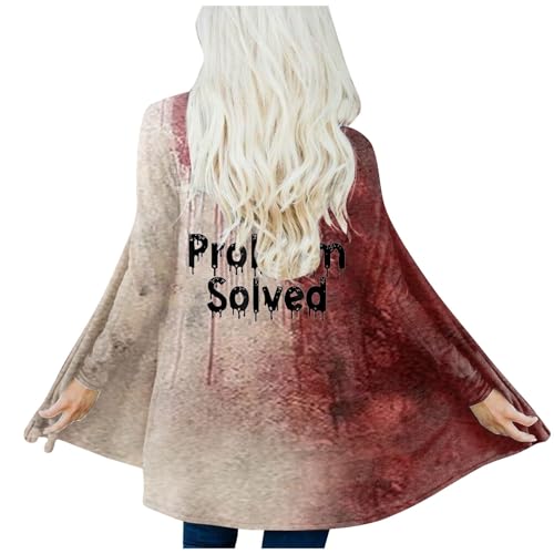 Deals of The Day, Problem Sloved Halloween Strickjacke - Damen Jacke Leichte Horror Dünne Strickjacke Lange Ärmel Open Front Blutig Bedruckt Cardigan Damen Lang (Weiss, XL) von SKFLABOOF