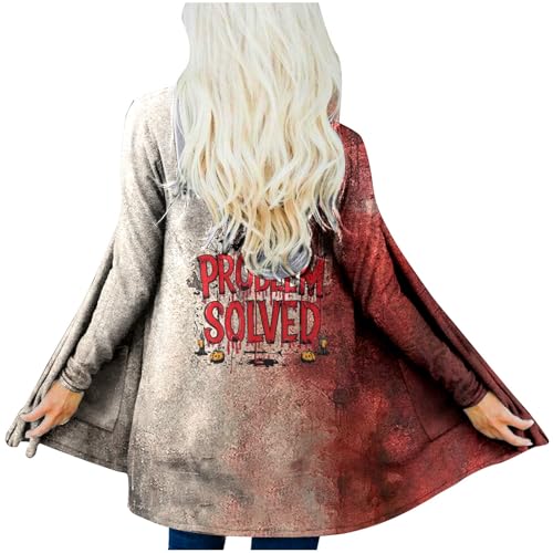 Deals of The Day, Problem Sloved Halloween Strickjacke Damen - Open Front Blood Jacke Leichte Lang Horror Strickjacke Langarm Blutig Bedruckt Cardigan mit/Ohne Taschen (001j Khaki, M) von SKFLABOOF