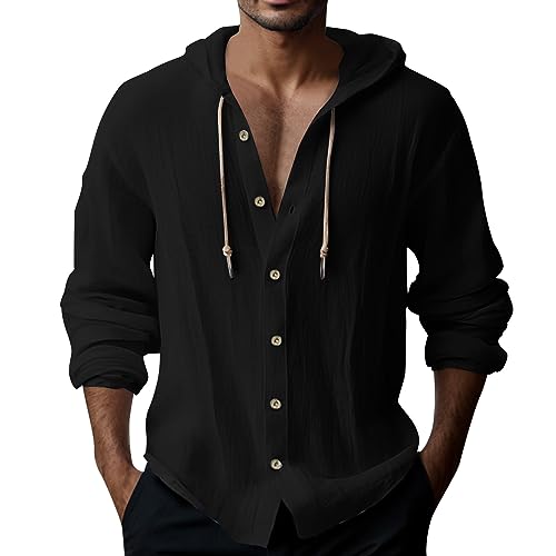 Deals of The Day, SKFLABOOF Leinenhemd Herren - Langarm Hemden mit Kapuze Sommer Hoodie Hawaii Hemd Männer Einfarbig Lässig Sommerhemd Freizeithemden Langarmshirt Linen Kapuzenhemd 001g Schwarz, M von SKFLABOOF