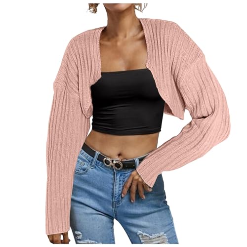 Deals of The Day, Strickjacke Damen - Strickjacke Damen Bolero Jacke Häkeljacke Damen Strick Strickjacken Strickjacke Vorne Offen Elegant Crop Cardigan Elegante Cardigan Damen Rosa, L von SKFLABOOF