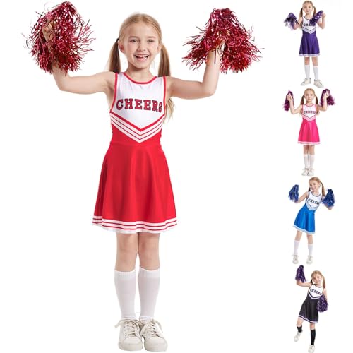 Fasching kostüm mädchen, Cheerleader Kostüm Kinder - Faschingskostüm Ärmellos Ballerina Kostüm Mädchen Cheerleadering Outfit Mädchen mit Pompons Rot von SKFLABOOF