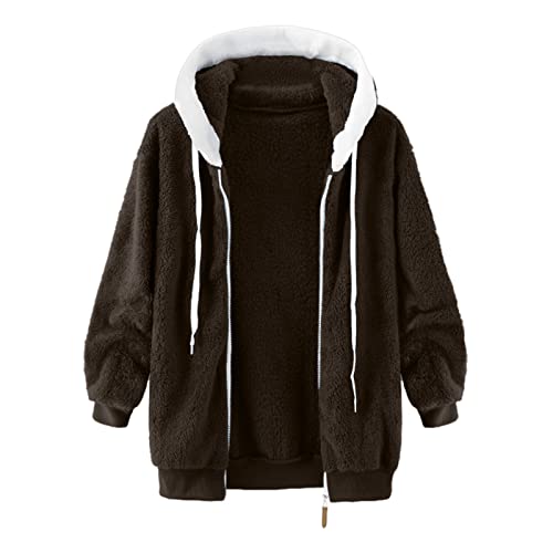 Fleece Jacke Damen - Shirtjacke Warm Classic Sweatjacke Jacket Longsleeve Winter Outdoor Kleidung Elegant Plüschjacke Funktionsjacke F1 Braun, 5XL von SKFLABOOF