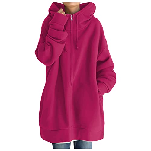 Fleece Jacke Damen - Strickjacke Sweatjacke Sportliche Classics Outdoor Winter Oversize Frauen Reißverschluss Wanderjacke Pullover Federleichte Daunenjacke F1 Hot Pink, 3XL von SKFLABOOF