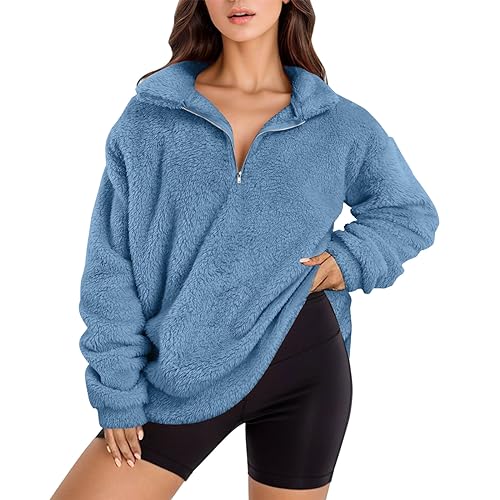 Fleecejacke Damen - Plüschjacke Daunenjacke College Sportliche Shirtjacke Fleece Outdoor Fleecepullover Langarm Warm Übergangsjacke Jacken Steppjacke F Blau, M von SKFLABOOF