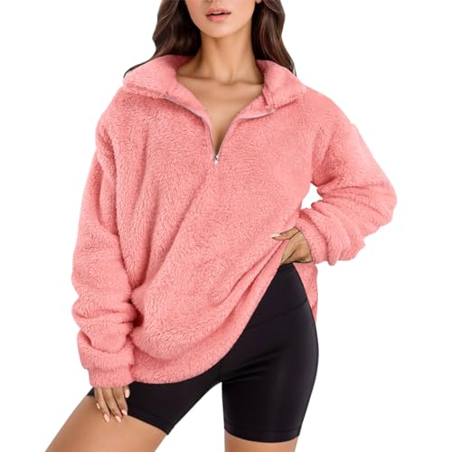 Fleecejacke Damen - Plüschjacke Daunenjacke College Sportliche Shirtjacke Fleece Outdoor Fleecepullover Langarm Warm Übergangsjacke Jacken Steppjacke F Rosa, M von SKFLABOOF