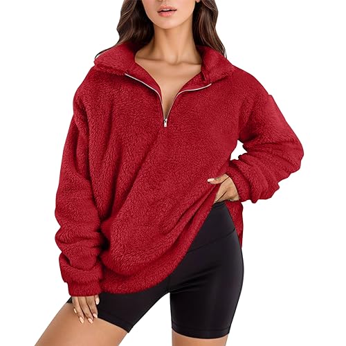 Fleecejacke Damen - Plüschjacke Daunenjacke College Sportliche Shirtjacke Fleece Outdoor Fleecepullover Langarm Warm Übergangsjacke Jacken Steppjacke F1 Rot, S von SKFLABOOF