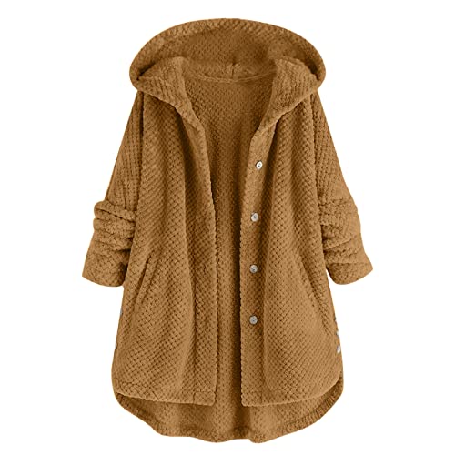 Fleecejacke Damen mit Kapuze, Plüschjacke Doppelseitiger Samt Warm Wintermantel Baggy Mode Strickjacke Elastizität Weich Cardigan Pullover Große Größe Geknöpft Winterjacke Teddyjacke Braun 3XL von SKFLABOOF