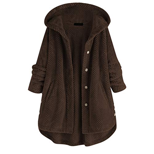 Fleecejacke Damen mit Kapuze, Plüschjacke Doppelseitiger Samt Warm Wintermantel Baggy Mode Strickjacke Elastizität Weich Cardigan Pullover Große Größe Geknöpft Winterjacke Teddyjacke Kaffee 3XL von SKFLABOOF