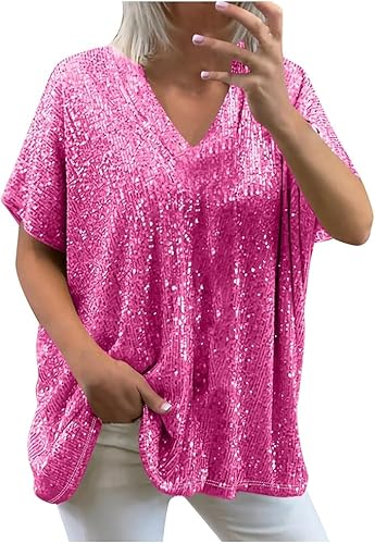 Glitzer Oberteile Damen-50er Jahre Outfit Sexy Pailletten Bluse Heißes Rosa Karneval Kostüm Elegant Party Outfit Schickes Tops Große Größen Glitzer Shirt Silvester Oberteil von SKFLABOOF