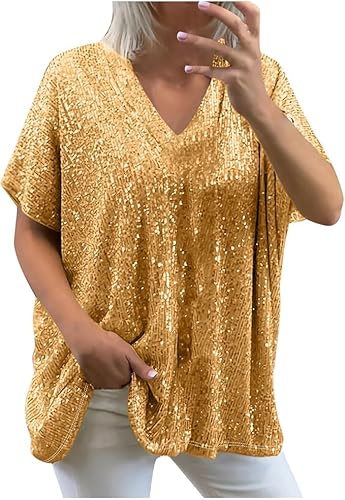 Glitzer Oberteile Damen-50er Jahre Outfit Sexy Pailletten Bluse Karneval Kostüm Elegant Party Outfit Schickes Tops Große Größen Glitzer Shirt Goldenes Kleid von SKFLABOOF