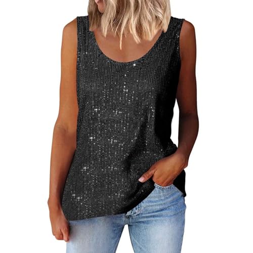 Glitzer Oberteile Damen Elegant Ärmellos Top Pailletten Oberteile Festlich Party Outfit Bluse Winter Disco Tank Top Boho Kleidung Wickelbluse Schwarz L von SKFLABOOF