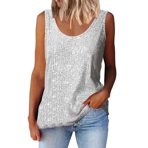 Glitzer Oberteile Damen Elegant Ärmellos Top Pailletten Oberteile Festlich Party Outfit Bluse Winter Disco Tank Top Boho Kleidung Wickelbluse Silber M von SKFLABOOF