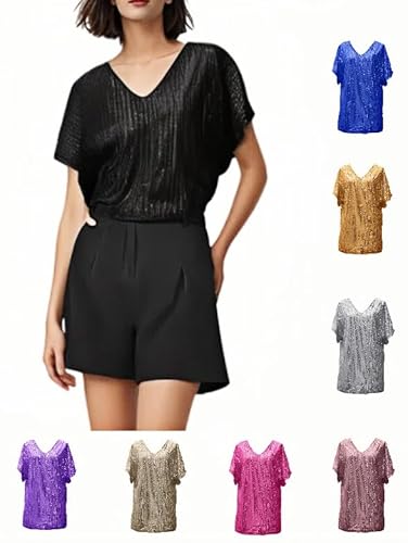 Glitzer Pailletten Bluse Damen-Sexy Pailletten Oberteil 50er Jahre Outfit Damen Pullover Elegant Mit Glitzer V-Ausschbitt Festliches Outfit Karneval Kostüm Party Goldenes Kleid Pailletten Jacke von SKFLABOOF