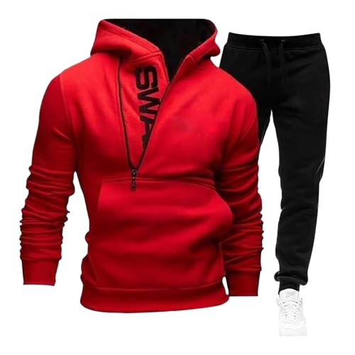 Herren Regular Einfarbig Jogginganzug Outfit Übergangs Trainingsanzug Sportanzug Freizeitanzug Jogginghose Zip Sweatshirt Oberteil Hoodie Streetwear Rot XL von SKFLABOOF