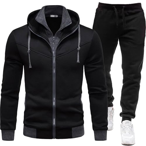 Herren Regular Einfarbig Jogginganzug Outfit Übergangs Trainingsanzug Sportanzug Freizeitanzug Jogginghose Zip Sweatshirt Oberteil Hoodie Streetwear Schwarz XXL von SKFLABOOF