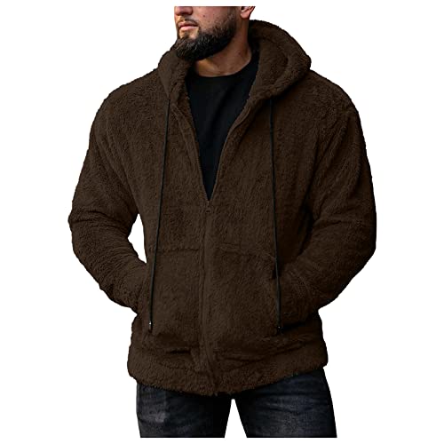 Jacke Herren Kapuze Einfarbig Winterjacke Fleecejacke Fleece Pullover Bequem Outdoor Fleece Sweatjacke Fleecepullover Teddyjacke Braun S von SKFLABOOF