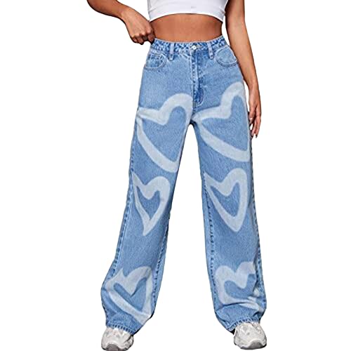 Jeans Baggy Damen | Gerades Bein mit Niedrigem Blove-Print Damen Jeans Straight Y2K Boyfriend Dad Hose Baggy Breites Kletterhose Weite Jeggings Weites Bein Sommer (001e Light Blue, M) von SKFLABOOF