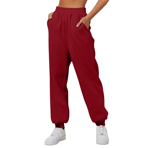 Jogginghose Damen Baggy, Sale Angebote, Sweathose Damen Laufhose Arbeitshose Stretch Sporthose Mit Taschen Bequeme Hose Weitem Bein Trekkinghose Trainingshose Lang Outdoor Rot, XL von SKFLABOOF