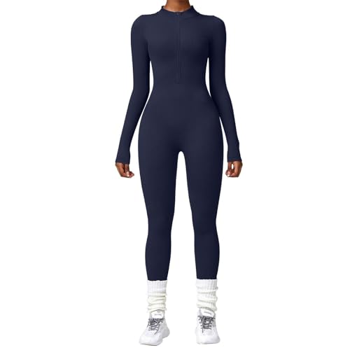 Jumpsuit Damen Elegant Onesie Damen Bodysuit Einteiler Damen Winter Ganzkörperanzug Sportset Cozy Yoga Outfit Warmer Fleece Overall Mit Reißverschluss Marine L von SKFLABOOF