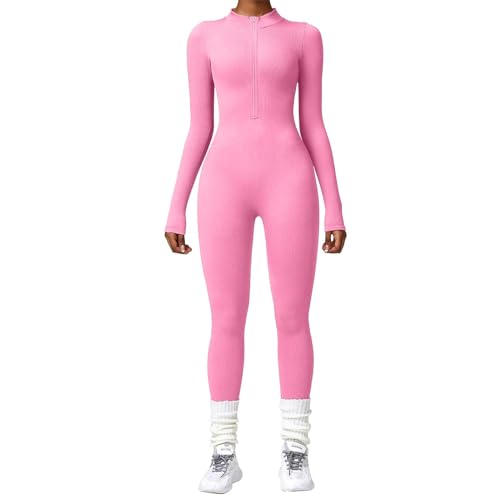 Jumpsuit Damen Elegant Onesie Damen Bodysuit Einteiler Damen Winter Ganzkörperanzug Sportset Cozy Yoga Outfit Warmer Fleece Overall Mit Reißverschluss Rosa L von SKFLABOOF